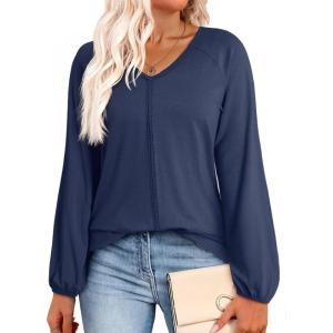 imageDokotoo Womens Tops Fashion V Neck Long Sleeve Tops for Women Fall Outfits for Women 2025 Casual Loose BlousesBlue