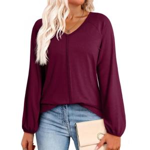 imageDokotoo Womens Tops Fashion V Neck Long Sleeve Tops for Women Fall Outfits for Women 2025 Casual Loose BlousesRed