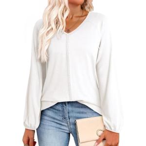imageDokotoo Womens Tops Fashion V Neck Long Sleeve Tops for Women Fall Outfits for Women 2025 Casual Loose BlousesWhite