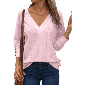 imageDokotoo Womens Tops V Dressy Casual Neck Long Sleeve Shirts Buttons Business Casual Hollow Out Lace Embroidered TopsLight Pink