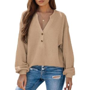 imageDokotoo Womens Waffle Knit Tops 2025 Dressy Casual Button Shirts Long Sleeve V Neck Blouses Basic TeeApricot