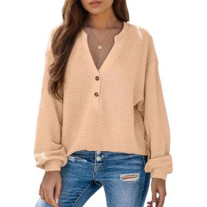 imageDokotoo Womens Waffle Knit Tops 2025 Dressy Casual Button Shirts Long Sleeve V Neck Blouses Basic TeeBeige