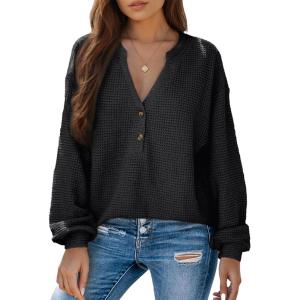 imageDokotoo Womens Waffle Knit Tops 2025 Dressy Casual Button Shirts Long Sleeve V Neck Blouses Basic TeeBlack