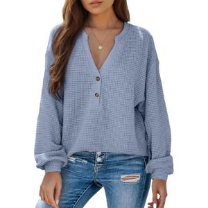 imageDokotoo Womens Waffle Knit Tops 2025 Dressy Casual Button Shirts Long Sleeve V Neck Blouses Basic TeeBlue