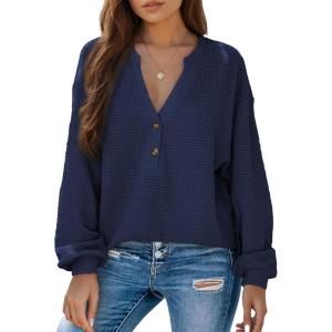 imageDokotoo Womens Waffle Knit Tops 2025 Dressy Casual Button Shirts Long Sleeve V Neck Blouses Basic TeeDark Blue