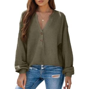 imageDokotoo Womens Waffle Knit Tops 2025 Dressy Casual Button Shirts Long Sleeve V Neck Blouses Basic TeeGreen