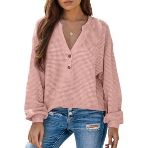 imageDokotoo Womens Waffle Knit Tops 2025 Dressy Casual Button Shirts Long Sleeve V Neck Blouses Basic TeePink