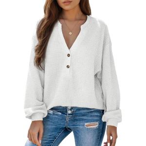 imageDokotoo Womens Waffle Knit Tops 2025 Dressy Casual Button Shirts Long Sleeve V Neck Blouses Basic TeeWhite