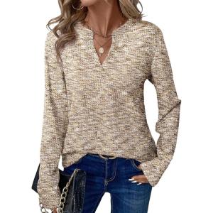 imageDokotoo Womens Waffle Knit Tops V Neck Long Sleeve Shirts Henley Dresy Casual Blouses Fall Outfits 2025Apricot