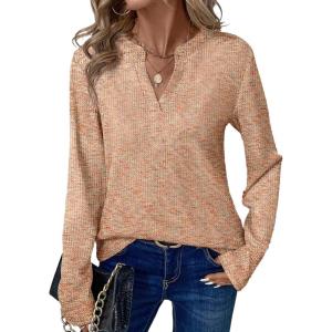 imageDokotoo Womens Waffle Knit Tops V Neck Long Sleeve Shirts Henley Dresy Casual Blouses Fall Outfits 2025Golden Apricot