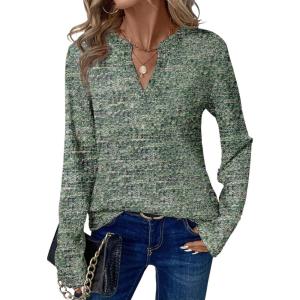 imageDokotoo Womens Waffle Knit Tops V Neck Long Sleeve Shirts Henley Dresy Casual Blouses Fall Outfits 2025Green