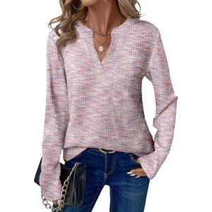 imageDokotoo Womens Waffle Knit Tops V Neck Long Sleeve Shirts Henley Dresy Casual Blouses Fall Outfits 2025Orchid Petal