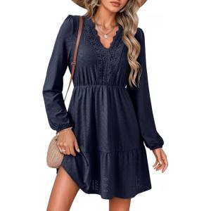 imageDokotoo Fall Dresses for Women 2025 Elegant Lace Hollow Out Embroidered V Neck Long Sleeve Casual ALine Swing Mini DressNavy Blue