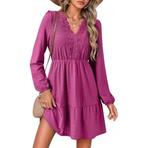 imageDokotoo Fall Dresses for Women 2025 Elegant Lace Hollow Out Embroidered V Neck Long Sleeve Casual ALine Swing Mini DressRosy