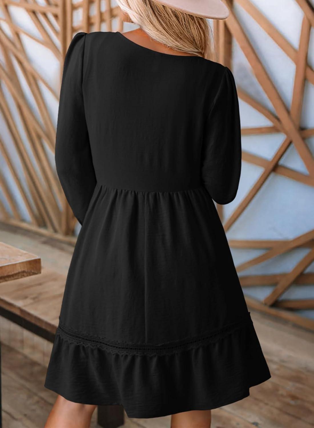 imageDokotoo Dresses for Women 2025 Square Neck Long Sleeve Smocked Dress Flowy Tiered Ruffle Lace Beach DressBlack