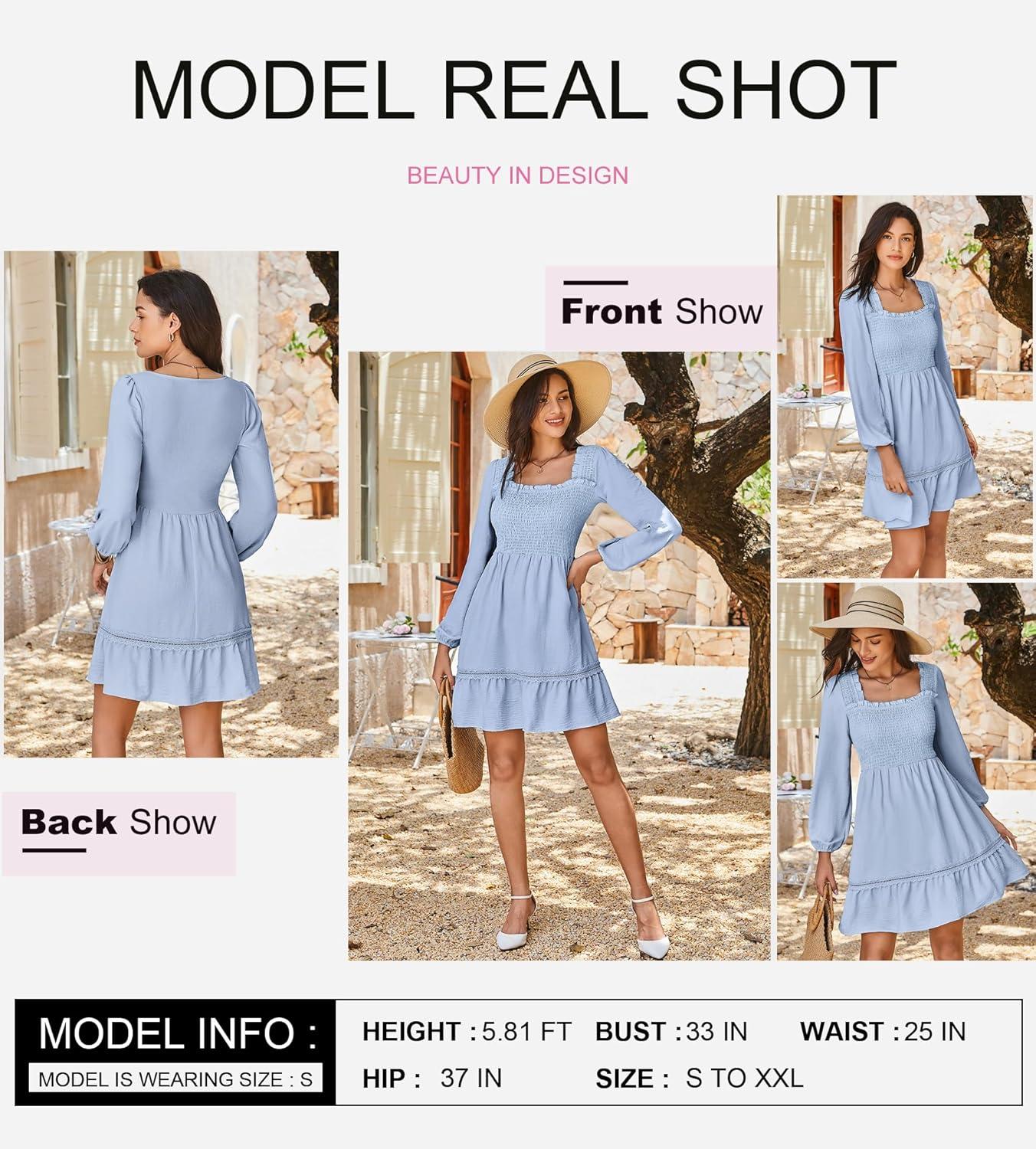 imageDokotoo Dresses for Women 2025 Square Neck Long Sleeve Smocked Dress Flowy Tiered Ruffle Lace Beach DressBlue