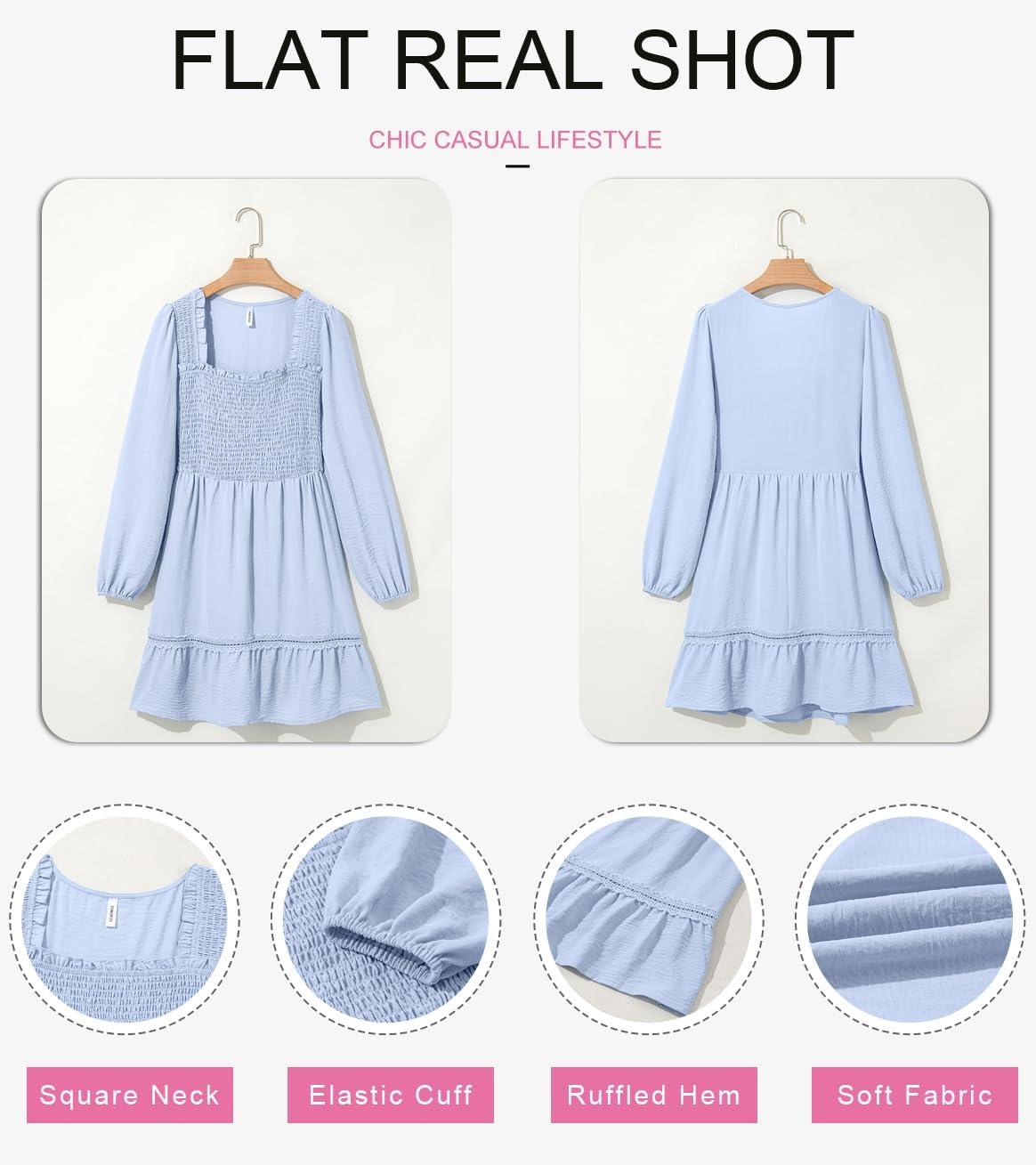 imageDokotoo Dresses for Women 2025 Square Neck Long Sleeve Smocked Dress Flowy Tiered Ruffle Lace Beach DressBlue