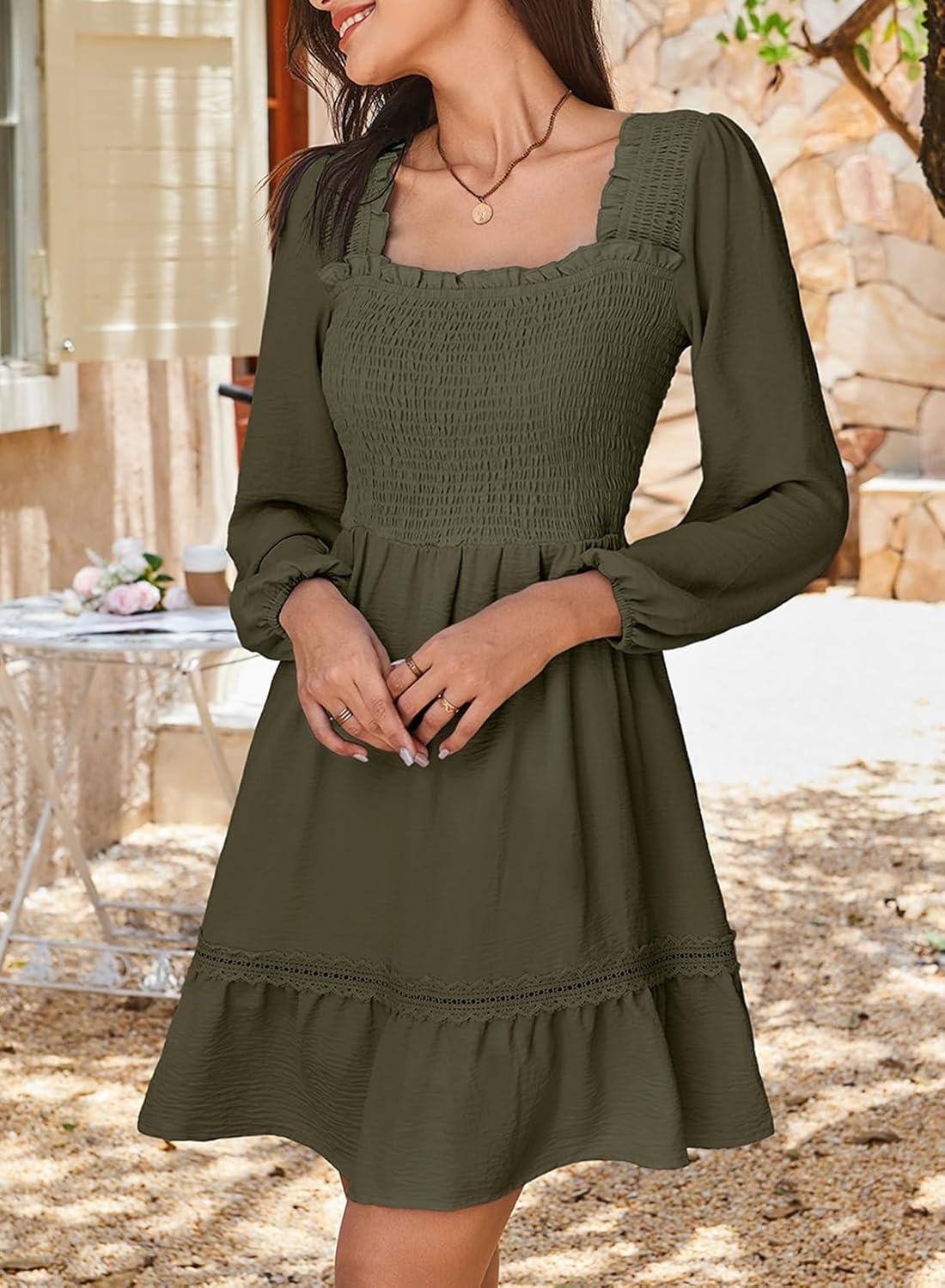 imageDokotoo Dresses for Women 2025 Square Neck Long Sleeve Smocked Dress Flowy Tiered Ruffle Lace Beach DressGreen