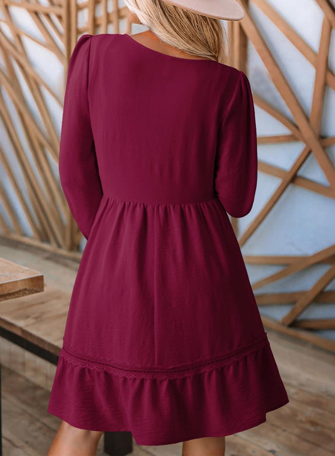 imageDokotoo Dresses for Women 2025 Square Neck Long Sleeve Smocked Dress Flowy Tiered Ruffle Lace Beach DressPurple