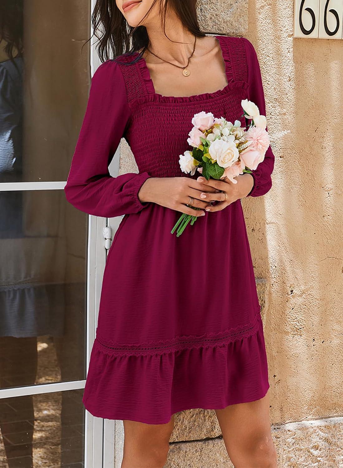 imageDokotoo Dresses for Women 2025 Square Neck Long Sleeve Smocked Dress Flowy Tiered Ruffle Lace Beach DressPurple