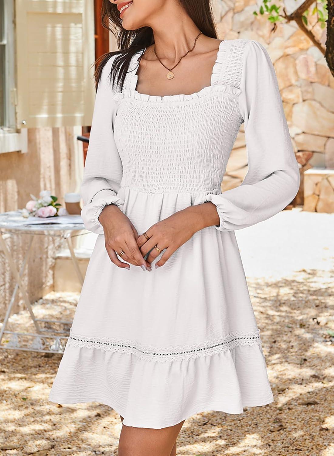 imageDokotoo Dresses for Women 2025 Square Neck Long Sleeve Smocked Dress Flowy Tiered Ruffle Lace Beach DressWhite