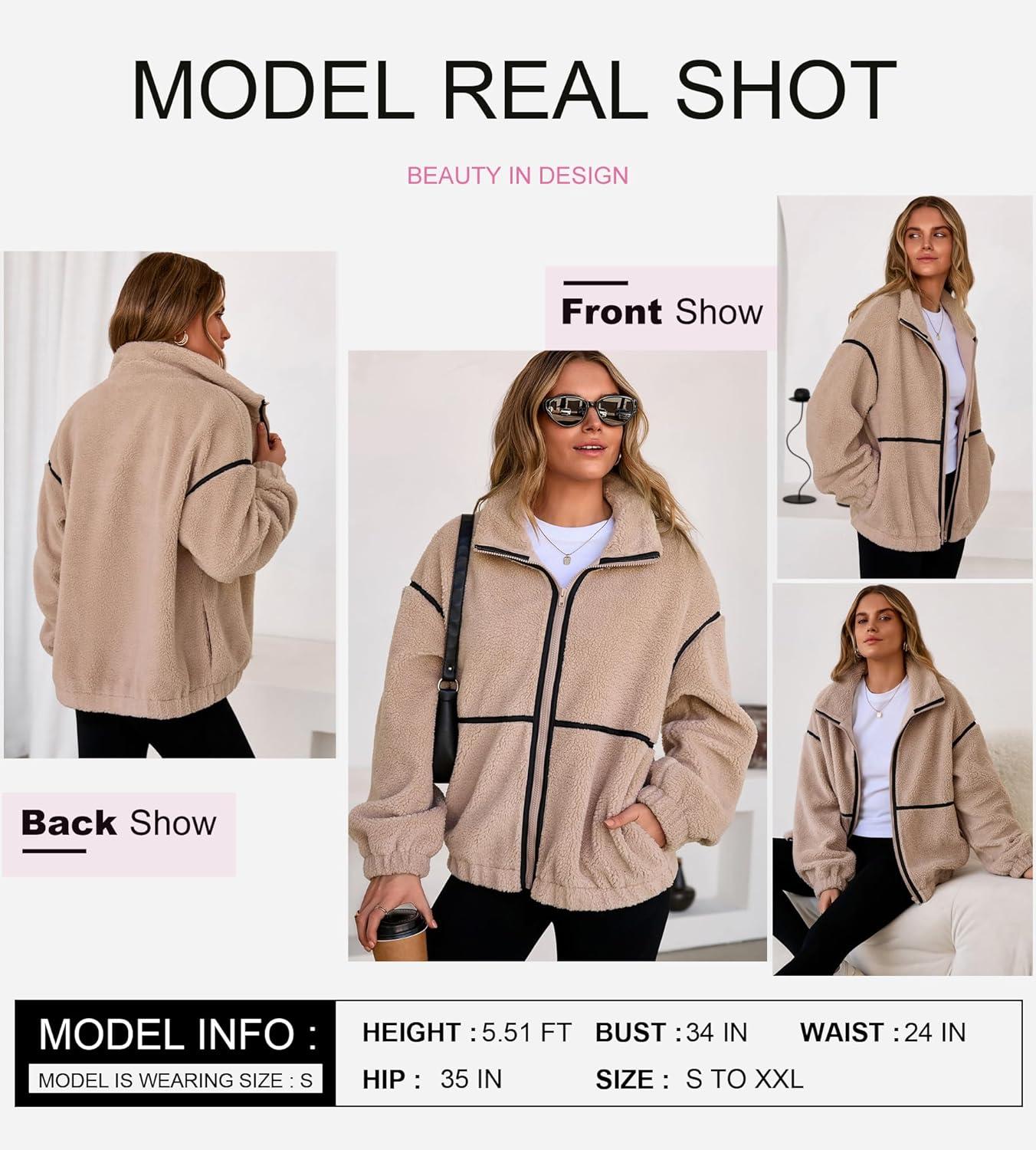 imageDokotoo Womens Coat Casual Lapel Full Zip Fleece Jacket Long Sleeve Oversized Warm Winter Outwear with PocketsBeige