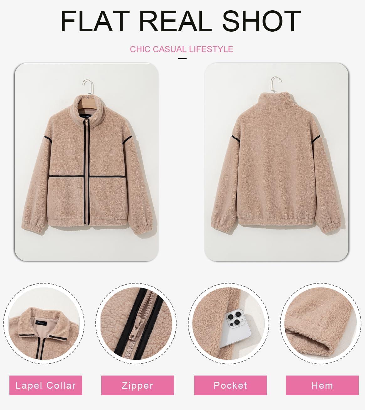 imageDokotoo Womens Coat Casual Lapel Full Zip Fleece Jacket Long Sleeve Oversized Warm Winter Outwear with PocketsBeige