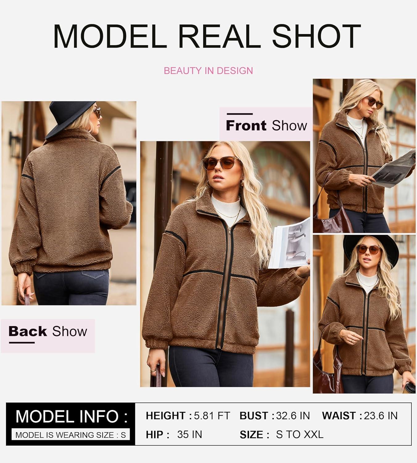 imageDokotoo Womens Coat Casual Lapel Full Zip Fleece Jacket Long Sleeve Oversized Warm Winter Outwear with PocketsBrown