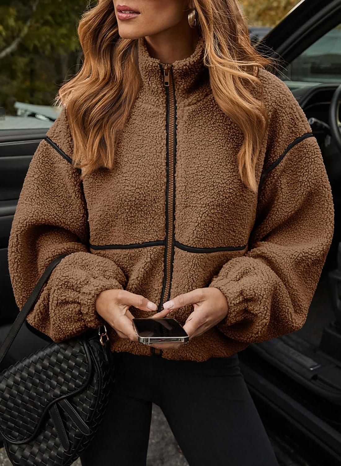 imageDokotoo Womens Coat Casual Lapel Full Zip Fleece Jacket Long Sleeve Oversized Warm Winter Outwear with PocketsBrown