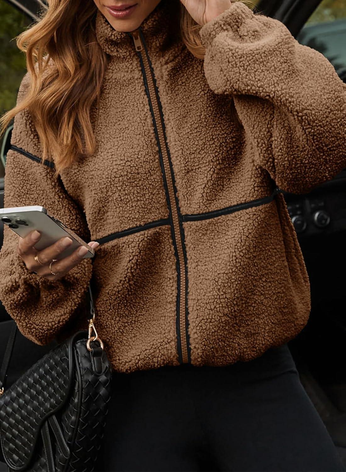 imageDokotoo Womens Coat Casual Lapel Full Zip Fleece Jacket Long Sleeve Oversized Warm Winter Outwear with PocketsBrown