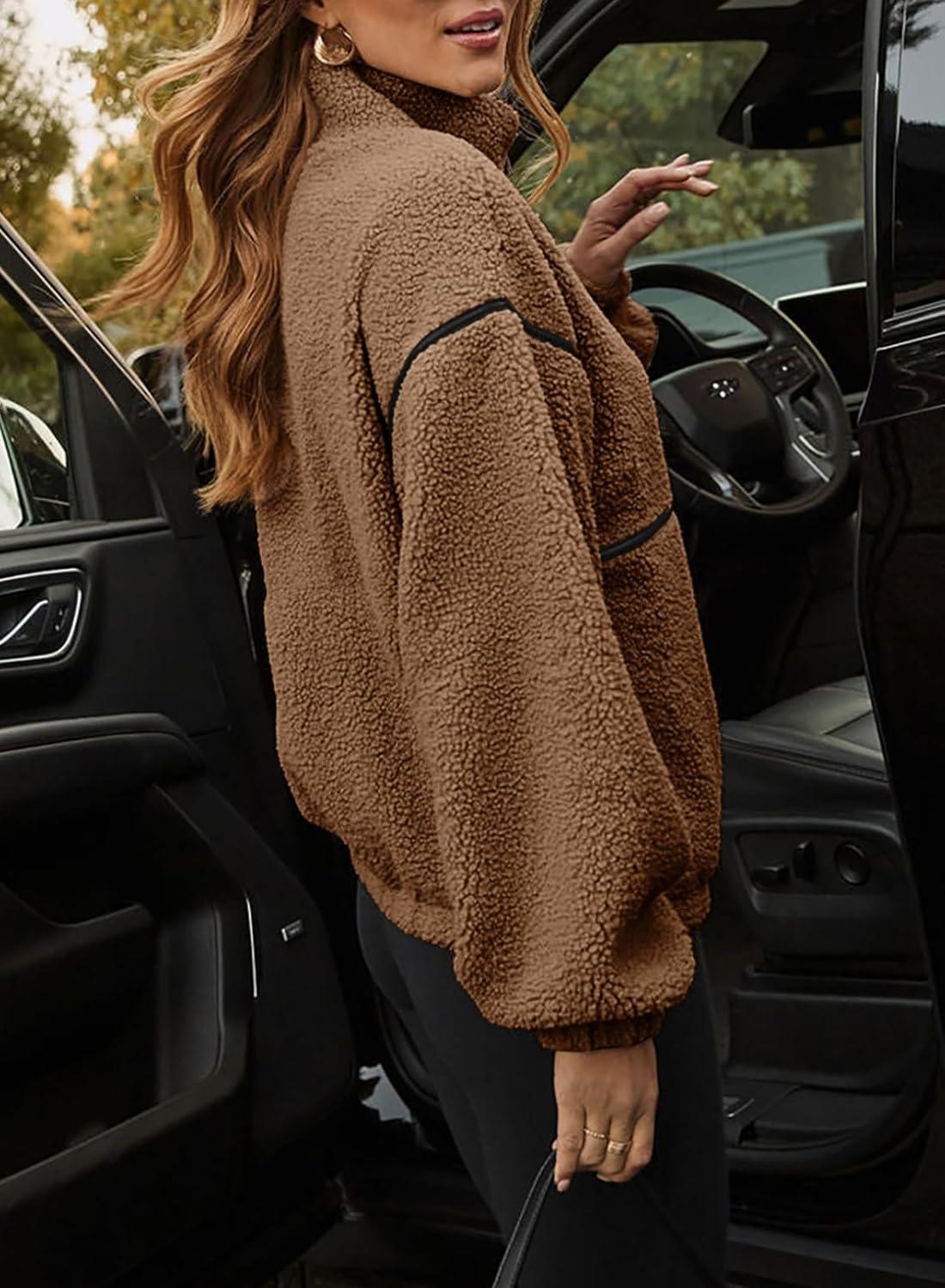 imageDokotoo Womens Coat Casual Lapel Full Zip Fleece Jacket Long Sleeve Oversized Warm Winter Outwear with PocketsBrown