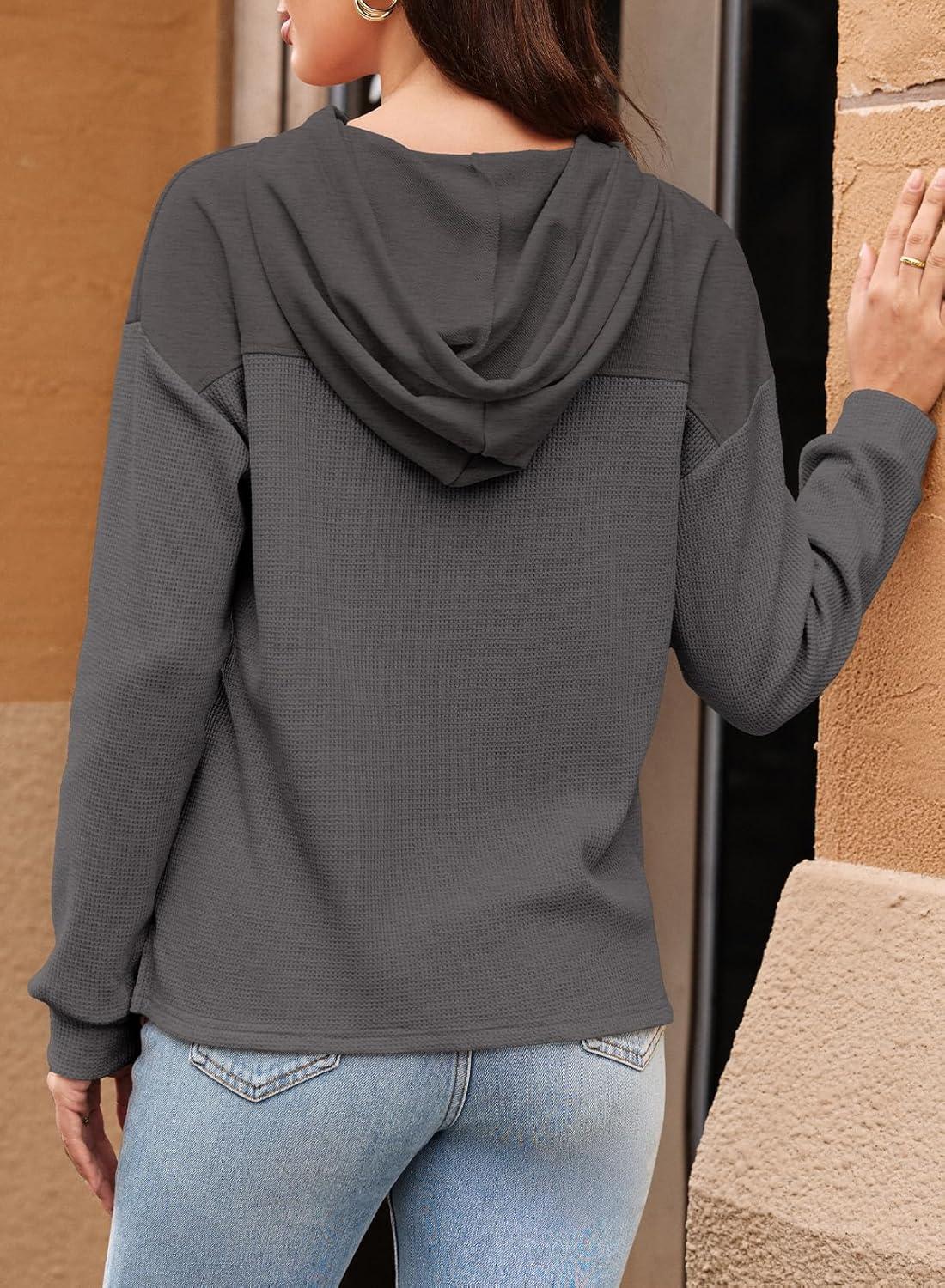 imageDokotoo Womens Hoodies Casual Waffle Knit Long Sleeve Drawstring Pullover Sweatshirts Lightweight Hooded TopsDark Grey
