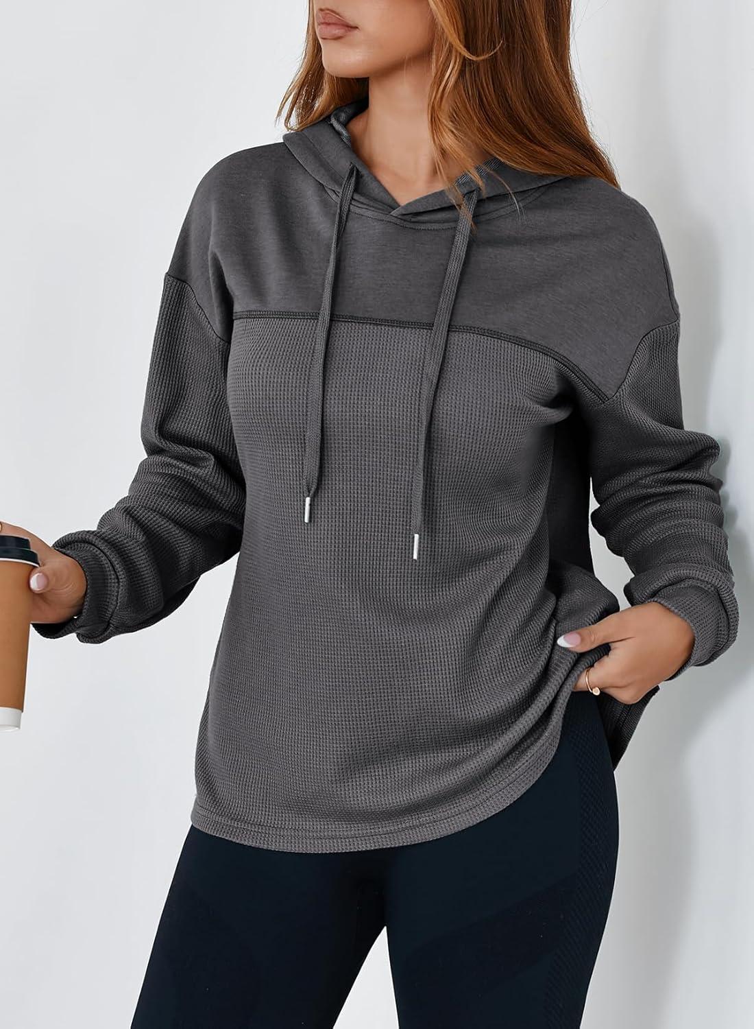 imageDokotoo Womens Hoodies Casual Waffle Knit Long Sleeve Drawstring Pullover Sweatshirts Lightweight Hooded TopsDark Grey