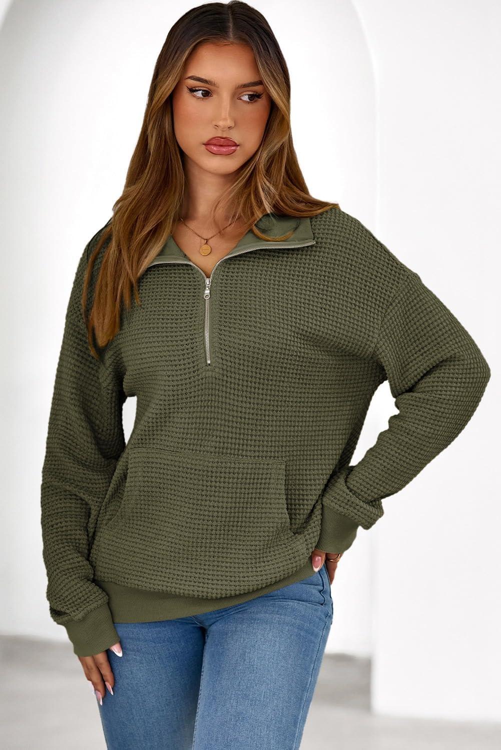 imageDokotoo Womens Quarter Zip Pullover Oversized Sweatshirts Hoodies 2025 Fall Fashion Long Sleeve Sweaters Tops Shirts Outfits Clothes Green XLarge