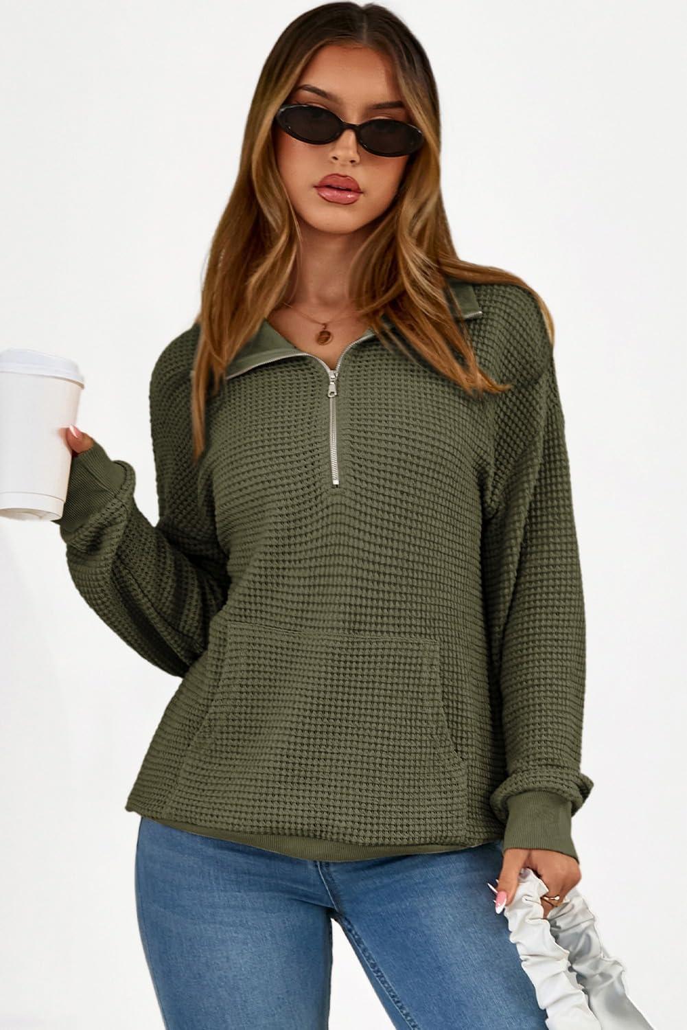 imageDokotoo Womens Quarter Zip Pullover Oversized Sweatshirts Hoodies 2025 Fall Fashion Long Sleeve Sweaters Tops Shirts Outfits Clothes Green XLarge