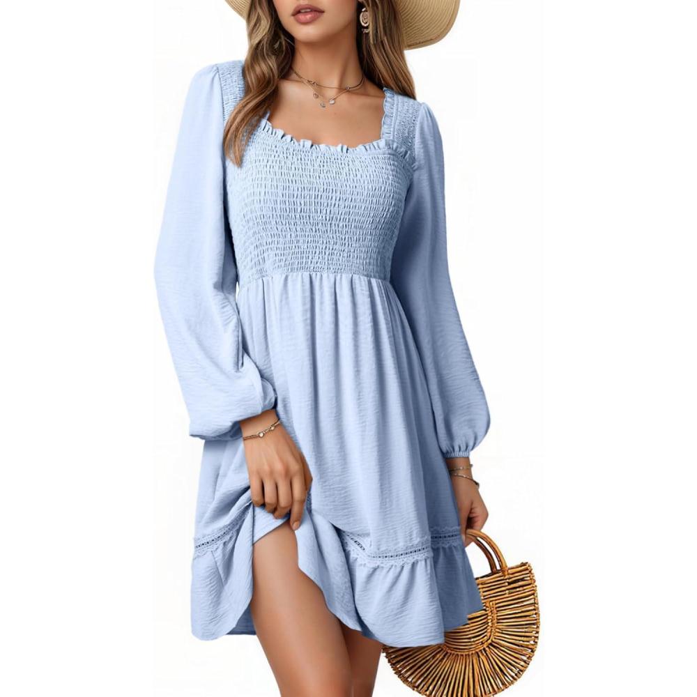 imageDokotoo Dresses for Women 2025 Square Neck Long Sleeve Smocked Dress Flowy Tiered Ruffle Lace Beach DressBlue