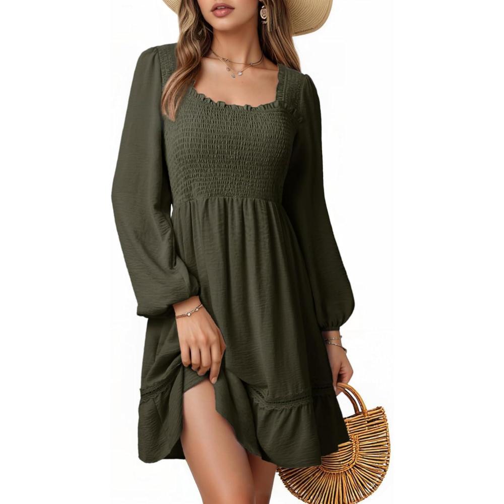 imageDokotoo Dresses for Women 2025 Square Neck Long Sleeve Smocked Dress Flowy Tiered Ruffle Lace Beach DressGreen