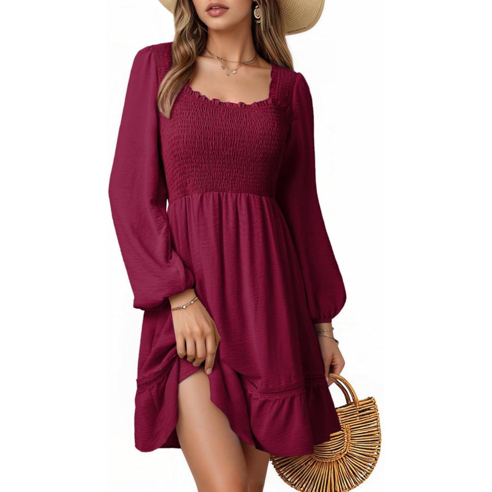 imageDokotoo Dresses for Women 2025 Square Neck Long Sleeve Smocked Dress Flowy Tiered Ruffle Lace Beach DressPurple