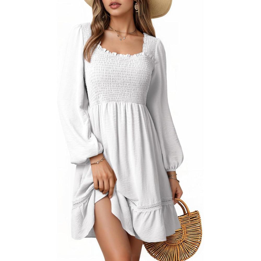 imageDokotoo Dresses for Women 2025 Square Neck Long Sleeve Smocked Dress Flowy Tiered Ruffle Lace Beach DressWhite