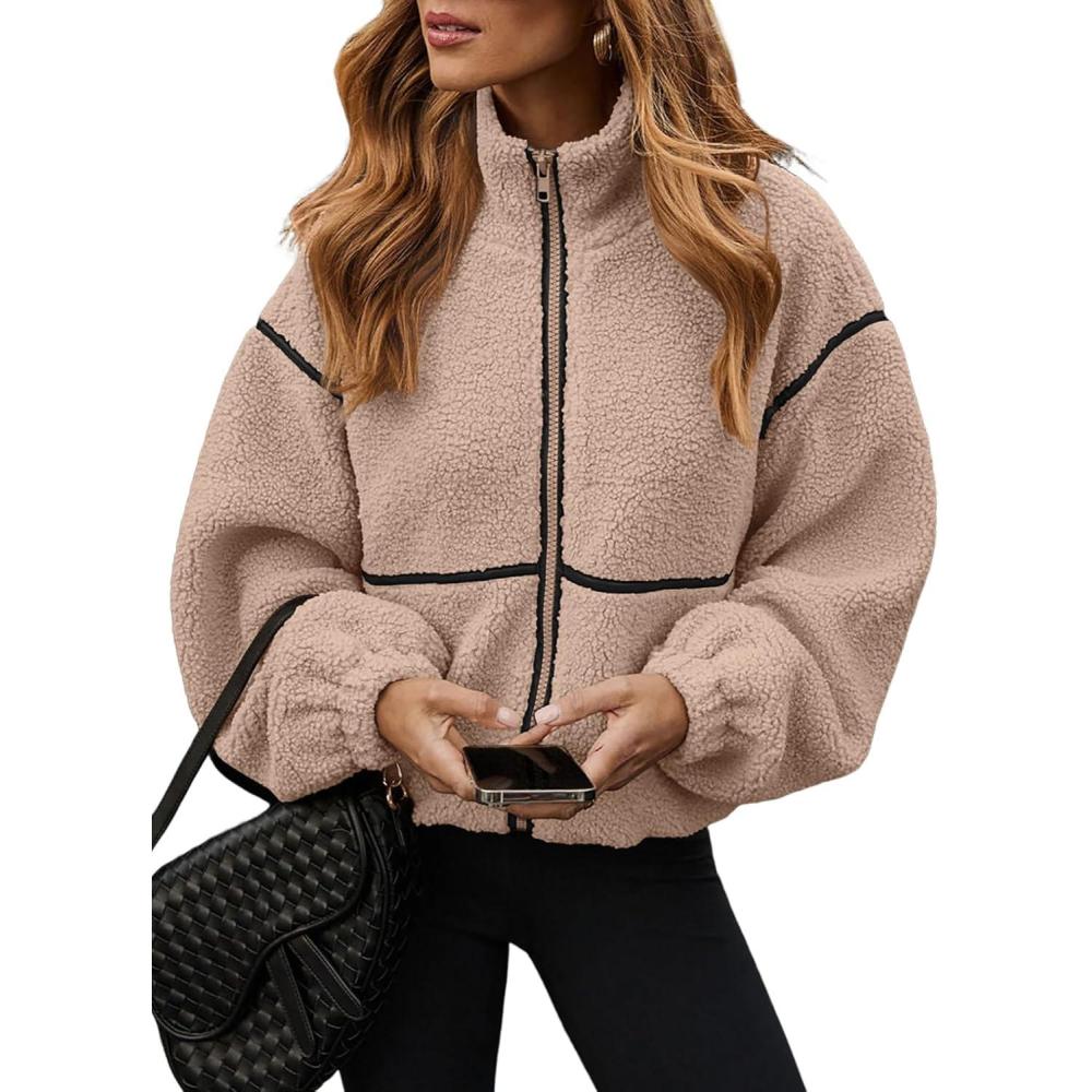 imageDokotoo Womens Coat Casual Lapel Full Zip Fleece Jacket Long Sleeve Oversized Warm Winter Outwear with PocketsBeige