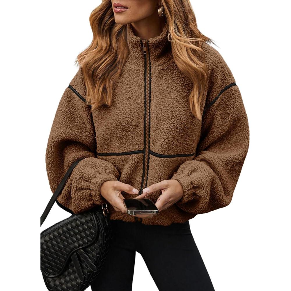 imageDokotoo Womens Coat Casual Lapel Full Zip Fleece Jacket Long Sleeve Oversized Warm Winter Outwear with PocketsBrown