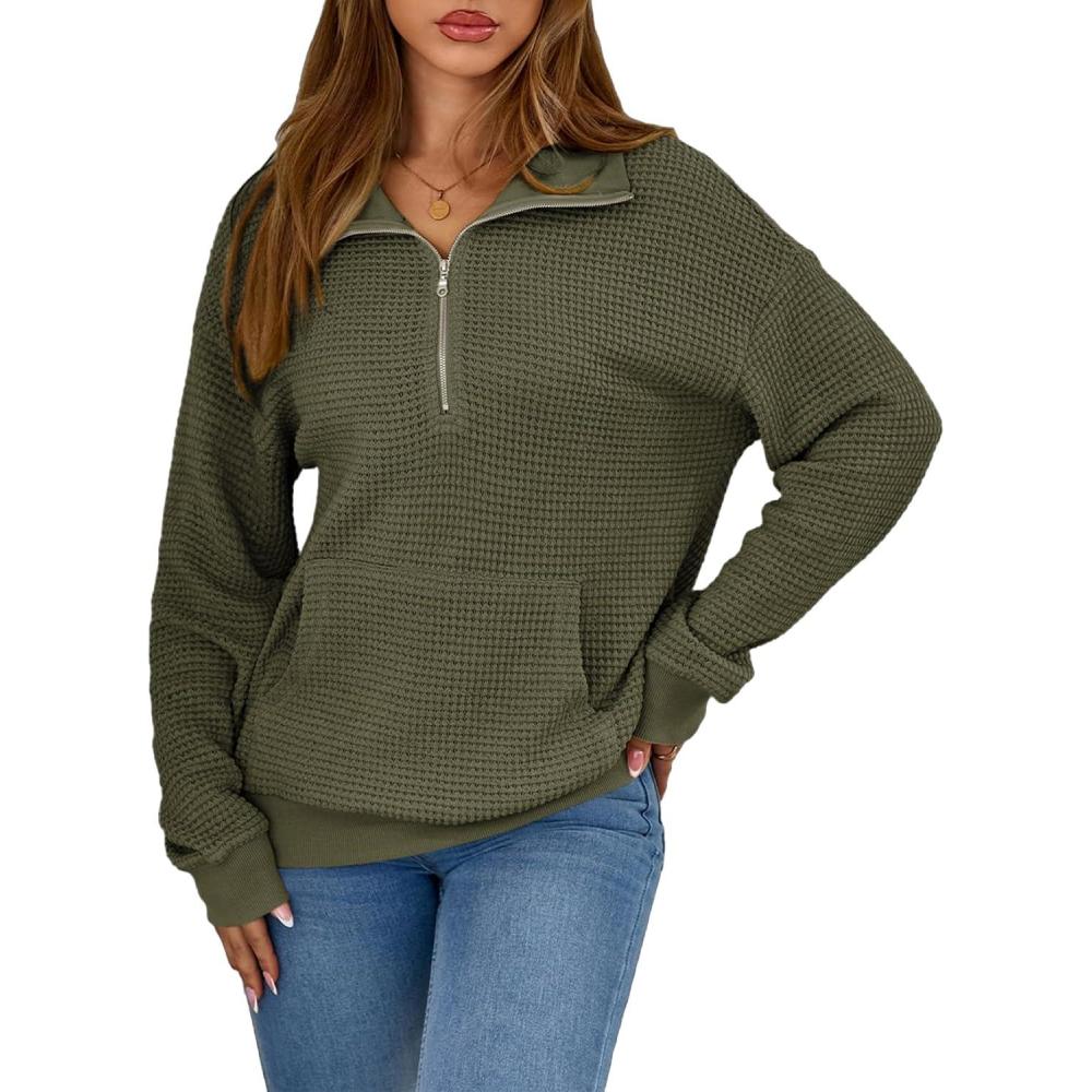 imageDokotoo Womens Quarter Zip Pullover Oversized Sweatshirts Hoodies 2025 Fall Fashion Long Sleeve Sweaters Tops Shirts Outfits Clothes Green XLarge