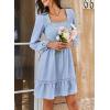 imageDokotoo Dresses for Women 2025 Square Neck Long Sleeve Smocked Dress Flowy Tiered Ruffle Lace Beach DressBlue