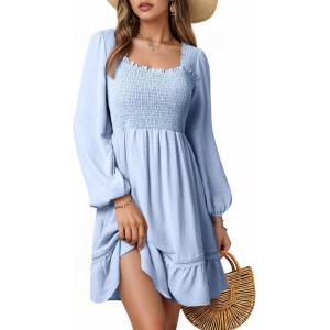 imageDokotoo Dresses for Women 2025 Square Neck Long Sleeve Smocked Dress Flowy Tiered Ruffle Lace Beach DressBlue