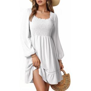 imageDokotoo Dresses for Women 2025 Square Neck Long Sleeve Smocked Dress Flowy Tiered Ruffle Lace Beach DressWhite