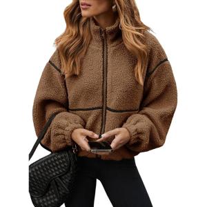 imageDokotoo Womens Coat Casual Lapel Full Zip Fleece Jacket Long Sleeve Oversized Warm Winter Outwear with PocketsBrown
