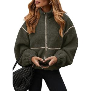 imageDokotoo Womens Coat Casual Lapel Full Zip Fleece Jacket Long Sleeve Oversized Warm Winter Outwear with PocketsGrey