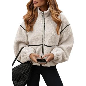 imageDokotoo Womens Coat Casual Lapel Full Zip Fleece Jacket Long Sleeve Oversized Warm Winter Outwear with PocketsWhite