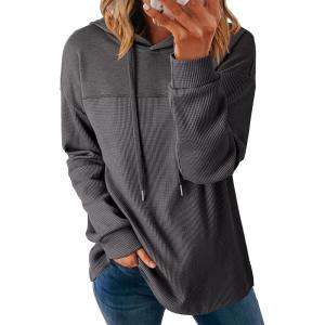imageDokotoo Womens Hoodies Casual Waffle Knit Long Sleeve Drawstring Pullover Sweatshirts Lightweight Hooded TopsDark Grey