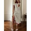 imageDokotoo Summer Dress Casual Womens Fashion Short Sleeve Maxi Dress T Shirt Dress Striped Long Color Block Maxi DressLight Khaki